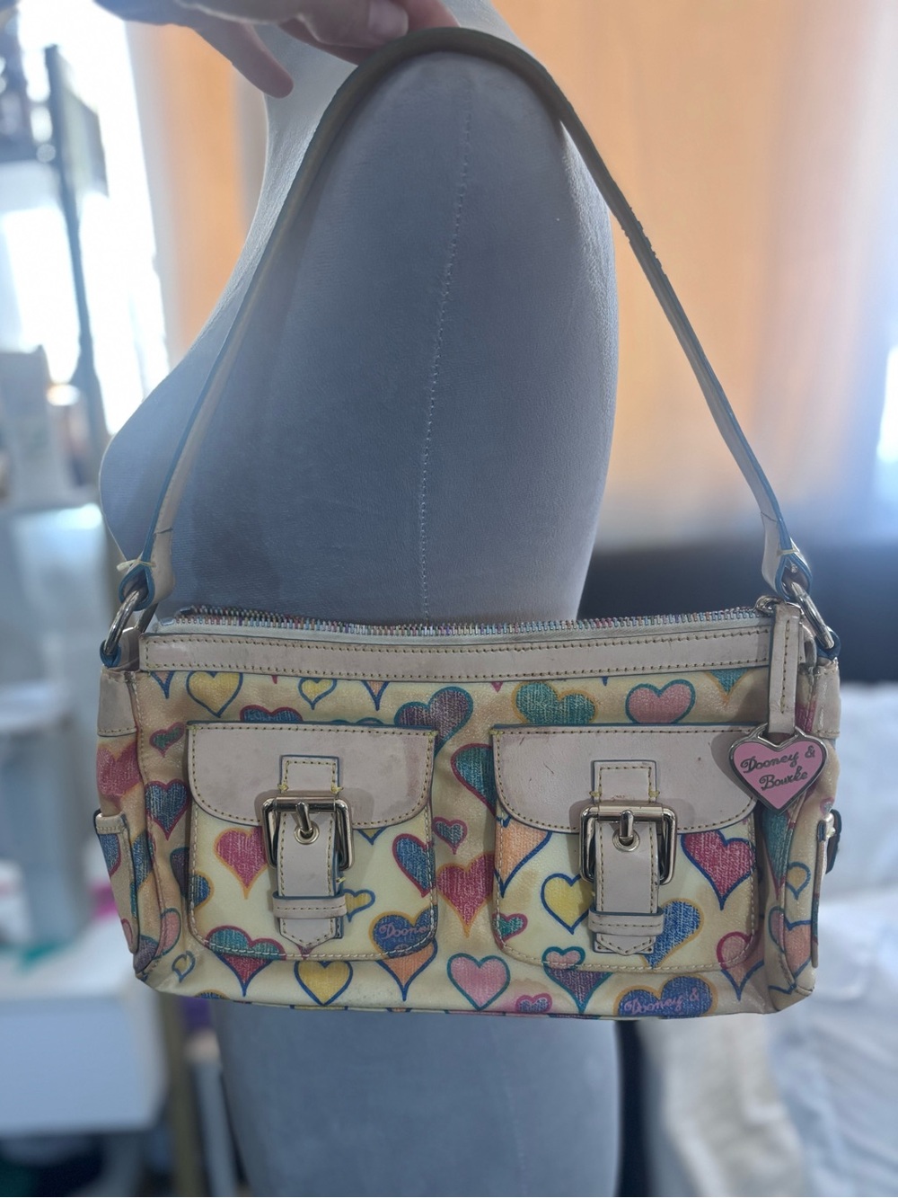 Dooney & Bourke Cream Shoulder Bag with Multicolor Heart Print